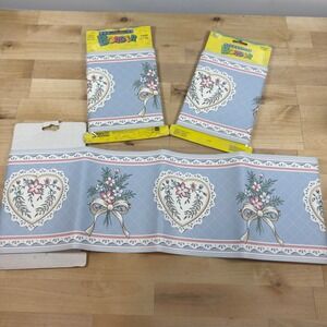 Vintage Borden Floral Heart Wallpaper Border Blue Pink 3 Rolls 45ft